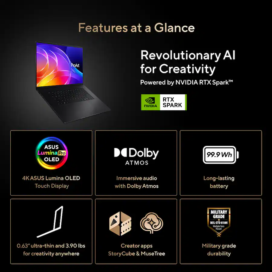 Features at a Glance- Revolutionary AI for Creativity™ Powered by NVIDIA RTX Spark™- ASUS Lumina Pro OLED- Dolby Atmos- 99.9Wh- 4K ASUS Lumina OLED Touch Display- Immersive audio with Dolby Atmos- Long-lasting battery- MILITARY GRADE MIL-STD 810H Multiple less Peased- 0.63" ultra-thin and 3.90 lbs for creativity anywhere- Creator apps StoryCube & MuseTree- Military grade durability