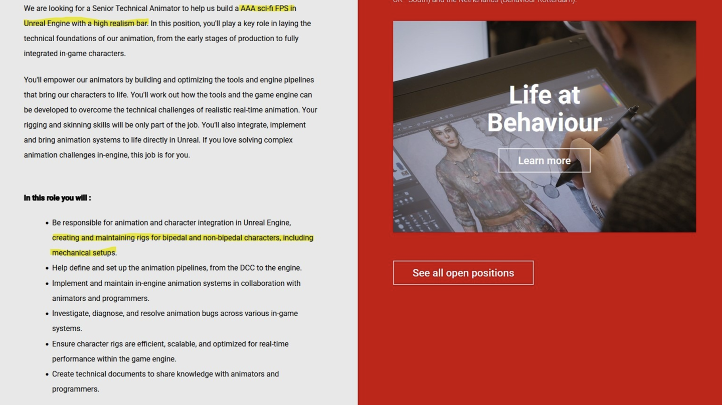 《黎明杀机》开发商 Behaviour Interactive 发布“高级技术动画师”招募信息，意外曝光旗下神秘 3A 大作
